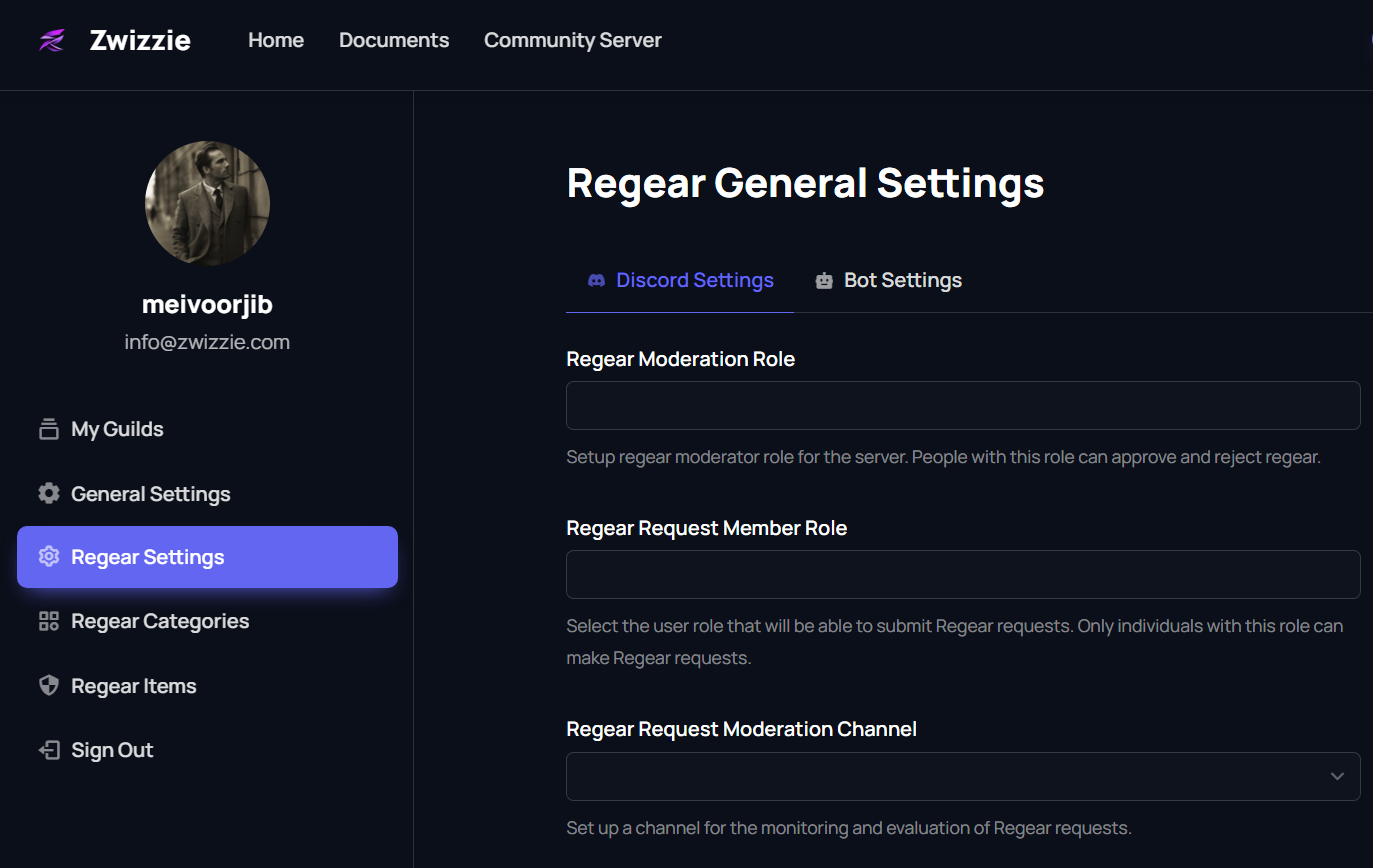 Usage Support Regear Settings